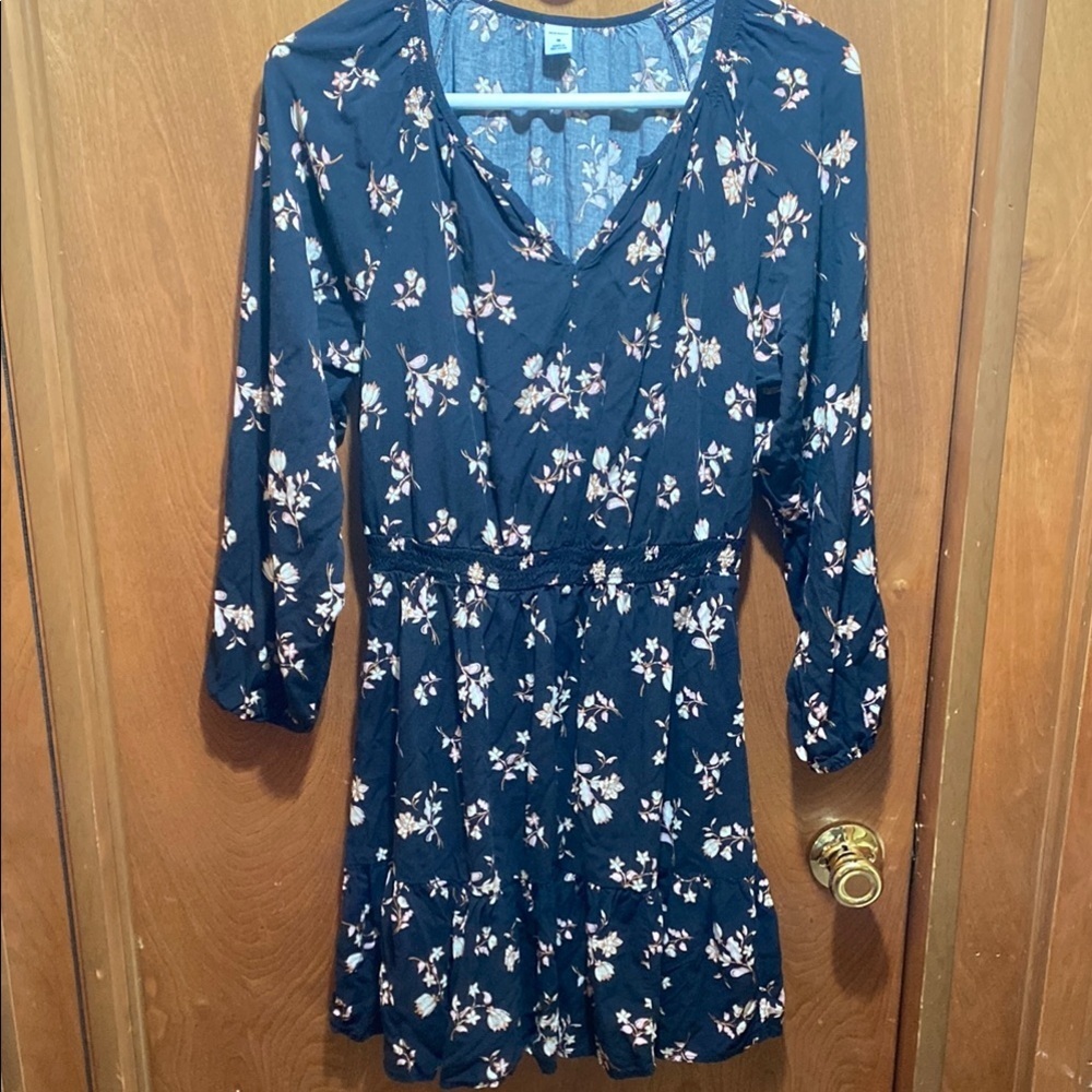 Old Navy Black Floral Medium 3/4 Sleeve Mini Dress Spring Cheerful